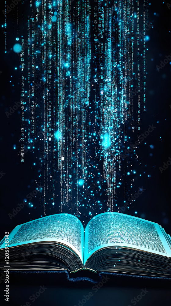 Leinwandbilder open book with data flow transferring information, information technology and learning concept