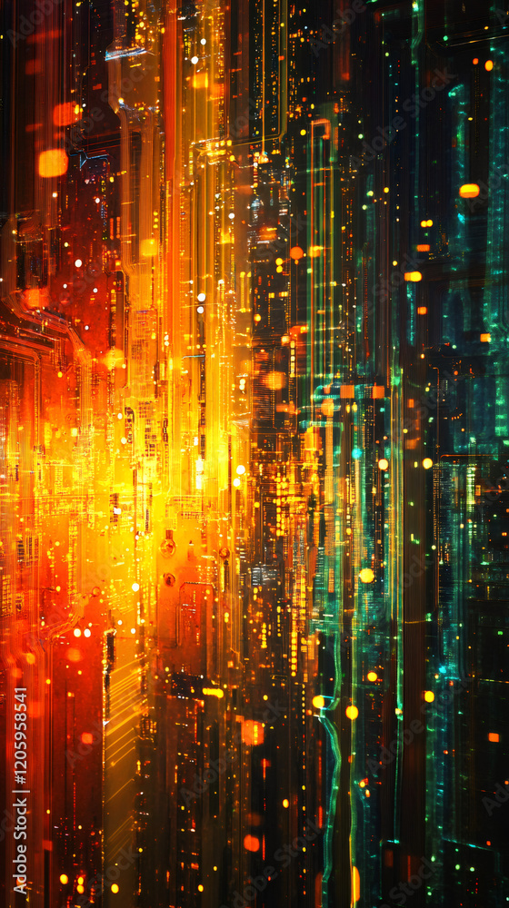Poster complex electronic circuit board with glowing orange and green lights, representing advanced technol