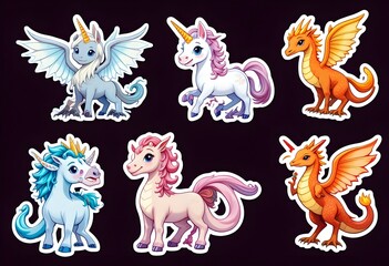 Fototapeta premium Mythical Creatures Stickers: A Shining Dragon, A Smiling Unicorn, A Flaming Phoenix, A Majestic Griffin, And A Little Elf