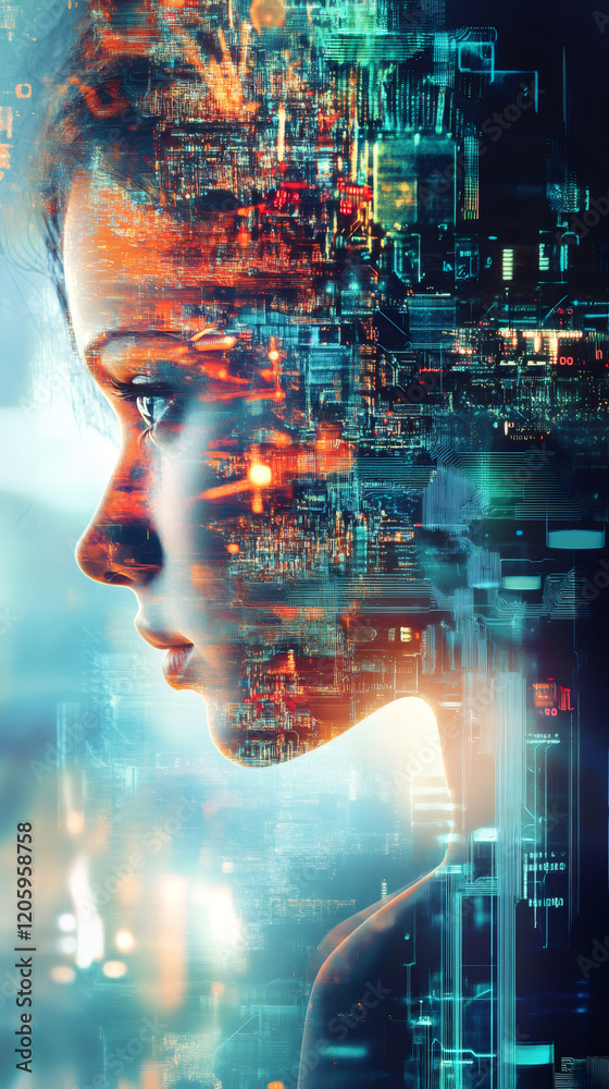 Leinwandbilder Profile of a woman merging with electronic circuits and binary code, representing the fusion of humans and technology