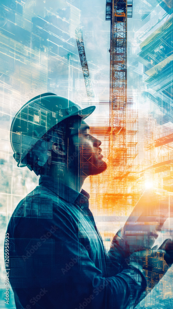 Poster Construction engineer in safety helmet reviewing building progress on digital tablet while walking construction site