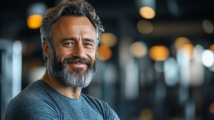 Portrait of an older man with a big smile and beard in a gym, radiating health and positivity. Great for fitness and wellness themes targeting seniors.