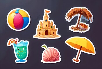 beach item stickers: A smiling beach ball, a cheerful sand castle, a playful coconut drink - 02
