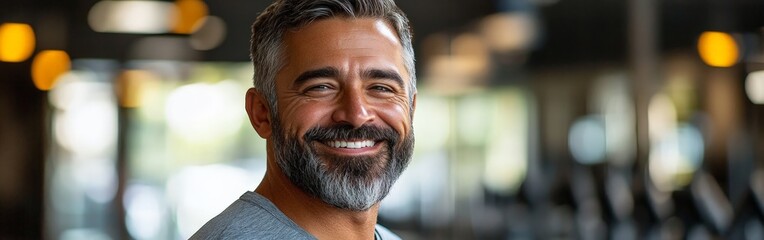 Obraz premium Portrait of an older man with a big smile and beard in a gym, radiating health and positivity. Great for fitness and wellness themes targeting seniors.
