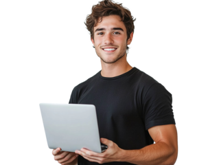 Young smiling man confidently holding a laptop on hand illustrating the lifestyle of a digital user and emphasizing modern remote work opportunities and technology-driven entrepreneurship