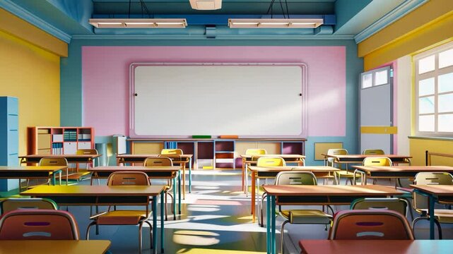 Colorful empty classroom with sunlight, educational themes, perfect, slow motion video and creative projects