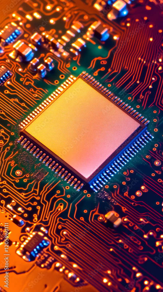 Aufkleber glowing microchip mounted on vibrant circuitry, highlighting cutting-edge technology and digital eng