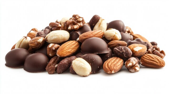 A pile of chocolate-coated mixed nuts interspersed with plain roasted nuts, isolated on a white background