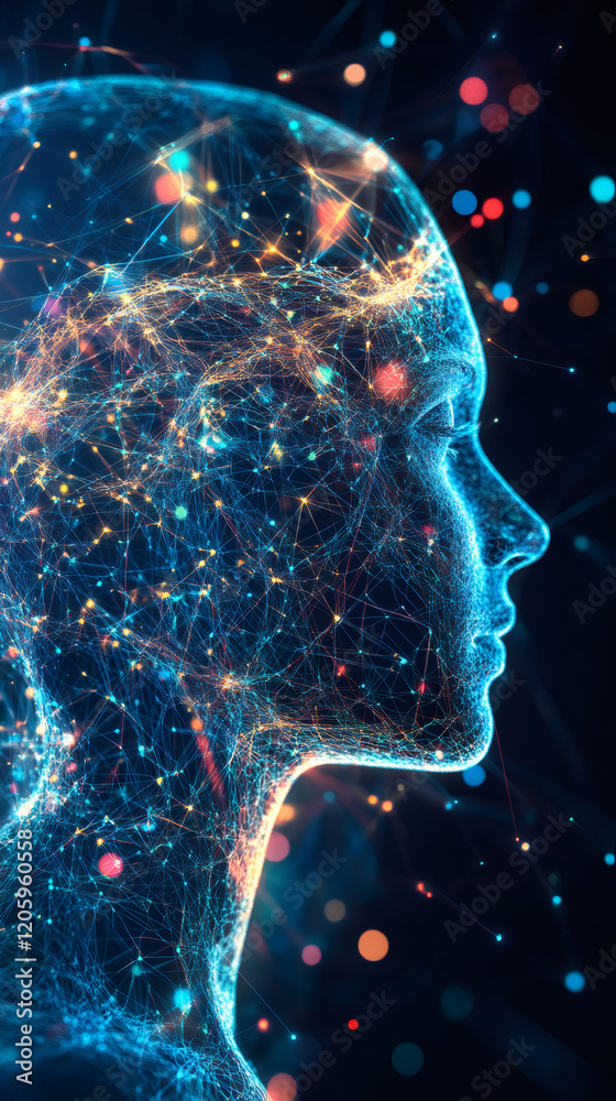 Aufkleber Digital AI rendering translating human facial features through luminescent geometric patterns in shadowy technological landscape