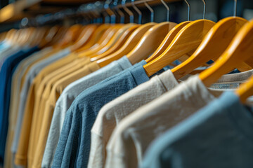 Fototapeta premium casual t shirts in various shades of blue and neutral tones, neatly hanging on wooden hangers. This organized display highlights simplicity and a relaxed, stylish wardrobe.