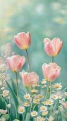 A serene display of pink tulips surrounded by cheerful daisies in a soft blur.