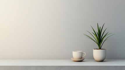 A serene indoor scene featuring a plant and a coffee cup on a minimalistic shelf.