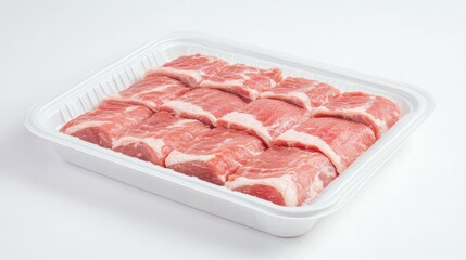Freshly cut pork bacon strips in a transparent package, emphasizing their marbling and quality on a clean white surface.