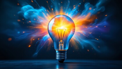 Glowing light bulb surrounded by vibrant energy burst in dark setting