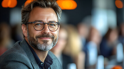 confident businessman smiling during corporate event, showcasing leadership