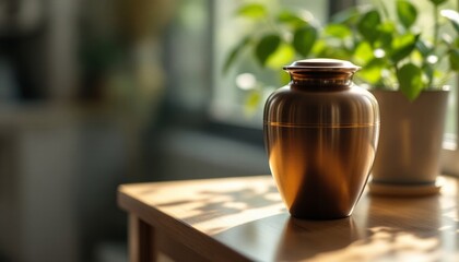 Elegant bronze urn on sunlit table near green plant