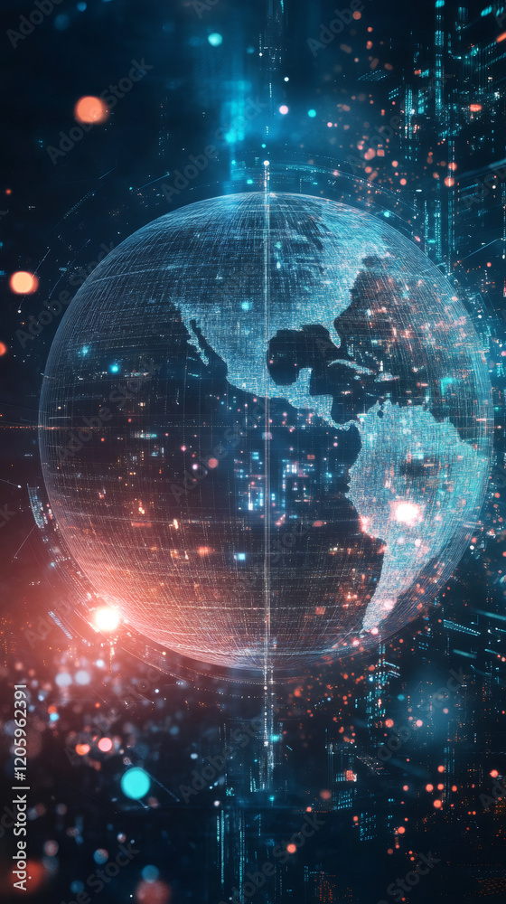 Fototapete futuristic digital planet earth is processing data from america, with binary code and particles flow