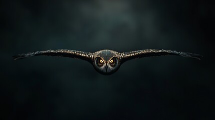 Fototapeta premium A majestic owl flies through a dark backdrop with its wings spread wide and bright yellow eyes looking forward