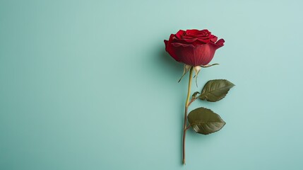 Single Dark Red Rose on Light Teal Background