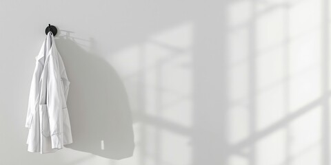 White lab coat hanging on hook with sunlight shadows on wall