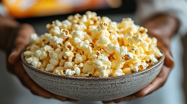 Hands holding popcorn bowl, blurred background, ready for movie night