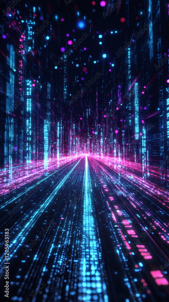 Leinwandbilder binary code streaming through cyberspace, illuminated by vibrant blue and purple lights, creating a 