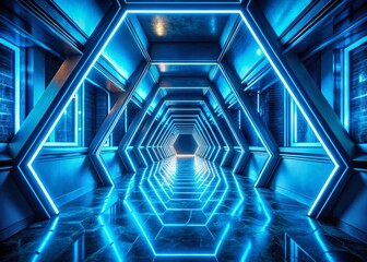 Obraz premium Futuristic Blue Neon Hexagonal Corridor - Sci-Fi Architectural Photography