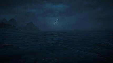 Dark Ocean Under Stormy Sky with Lightning Strike Over the Sea and Mountains