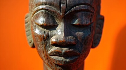 Intricate Wooden Carving of a Serene African Head