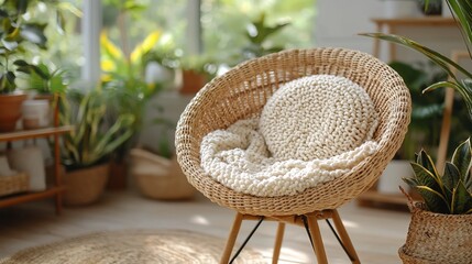 Fototapeta premium Relaxing Cozy Wicker Chair in a Sunlit Room Filled with Lush Greenery