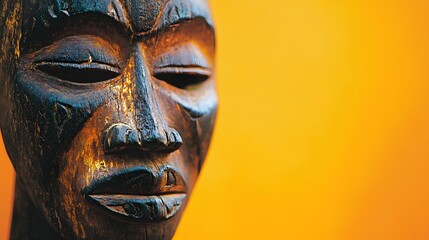 Weathered African Wooden Mask Against Yellow Background