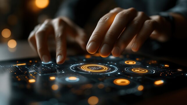 Hands control futuristic interface on tablet at night. Blurred lights background. Tech demo use