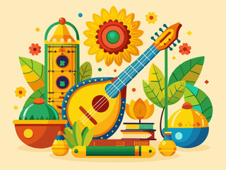 Vasant Panchami Festival with Veena Instrument and Floral Decorations