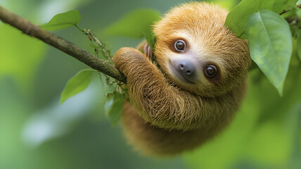 Fototapeta premium Sleepy sloth hanging on branch surrounded by green leaves, showcasing its adorable expression