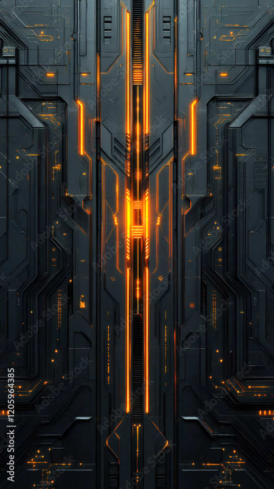 Leinwandbilder orange light illuminates central core of dark metallic structure with futuristic circuits, creating 