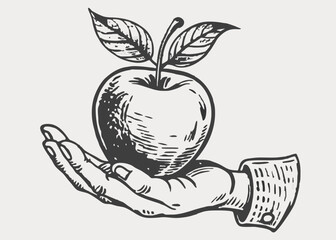 Human hand with apple drawn in engraving style. Apple fruit, nature, food apple fresh vintage sketch design