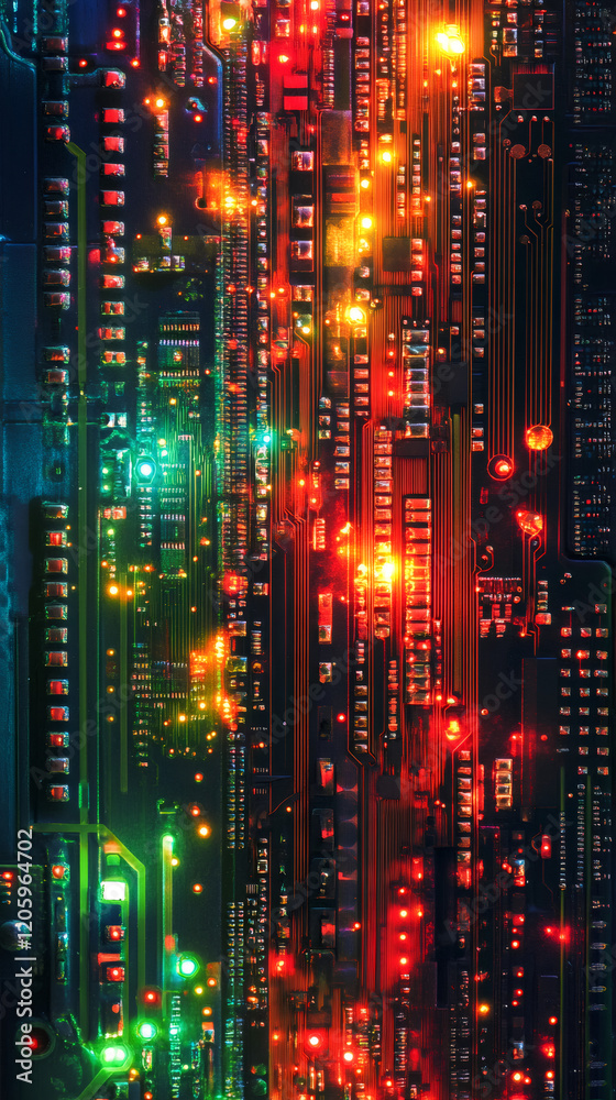 Poster circuit board revealing complex electronic pathways, networking metallic traces glowing under red an