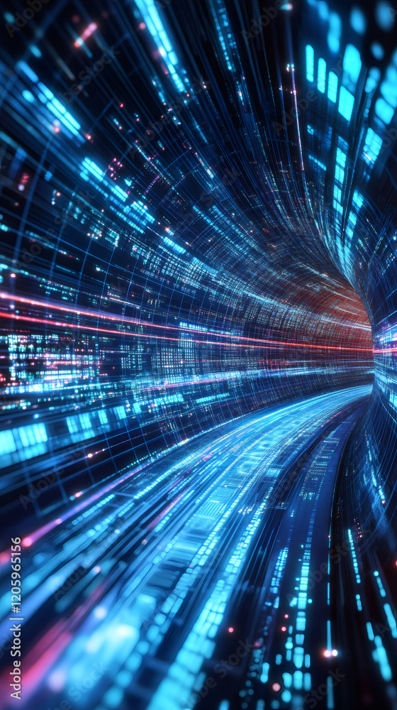 Poster futuristic tunnel featuring flowing binary code, crafting a dynamic cyberspace network connection, e