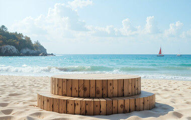 Fototapeta premium Wooden Round Podium Table for Product Display with Scenic Sea Beach Background