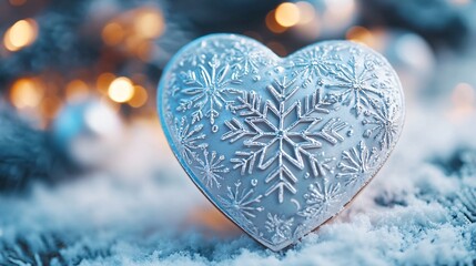 A heart-shaped card with embossed snowflake patterns, on a festive silver and blue background