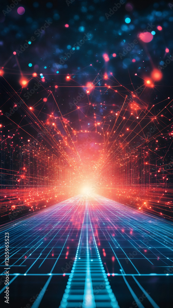 Poster light trails and particles flowing on cyberspace grid creating a futuristic technology background
