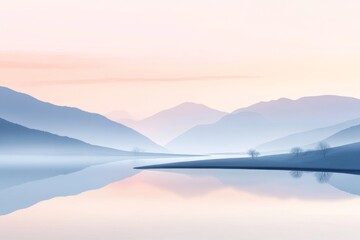 Obraz premium A calm river flows through the center with subtle reflections of the surrounding mountains