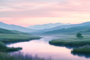 A calm river flows through the center with subtle reflections of the surrounding mountains