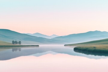 A calm river flows through the center with subtle reflections of the surrounding mountains