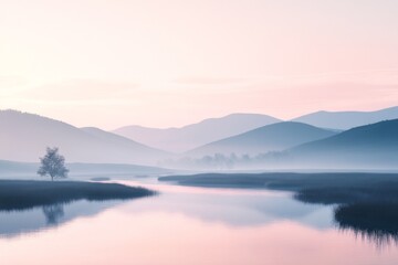 Obraz premium A calm river flows through the center with subtle reflections of the surrounding mountains