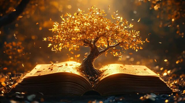 A vibrant tree emerging from a book, symbolizing the growth of knowledge and the power of education. Perfect for academic and inspirational content.
