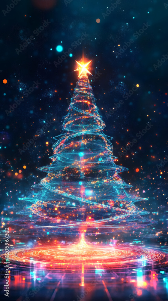 Poster Digital christmas tree with glowing lights and star on top illuminating dark background with bokeh effect, perfect for holiday projects
