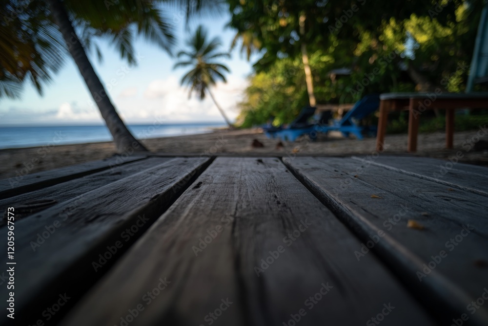 Poster An empty wooden tabletop provides a perfect view of a tranquil ocean and tropical palms, creating a peaceful atmosphere ideal for relaxation or gathering