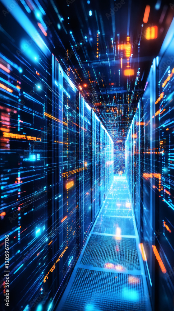 Leinwandbilder data center with server racks and flowing digital information, concept of big data, cloud computing,