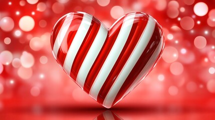 A vibrant red and white heart-shaped card with candy cane stripes, on a romantic background